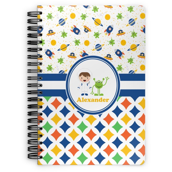 Custom Boy's Space & Geometric Print Spiral Notebook - 7x10 w/ Name or Text