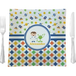Boy's Space & Geometric Print 9.5" Glass Square Lunch / Dinner Plate- Single or Set of 4 (Personalized)