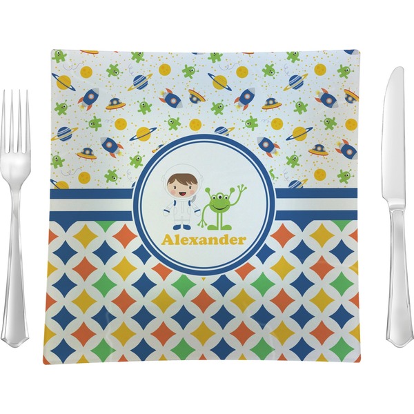 Custom Boy's Space & Geometric Print Glass Square Lunch / Dinner Plate 9.5" (Personalized)