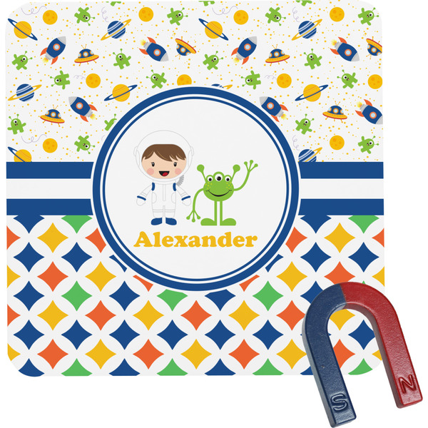 Custom Boy's Space & Geometric Print Square Fridge Magnet (Personalized)