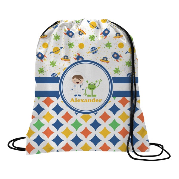 Custom Boy's Space & Geometric Print Drawstring Backpack - Large (Personalized)
