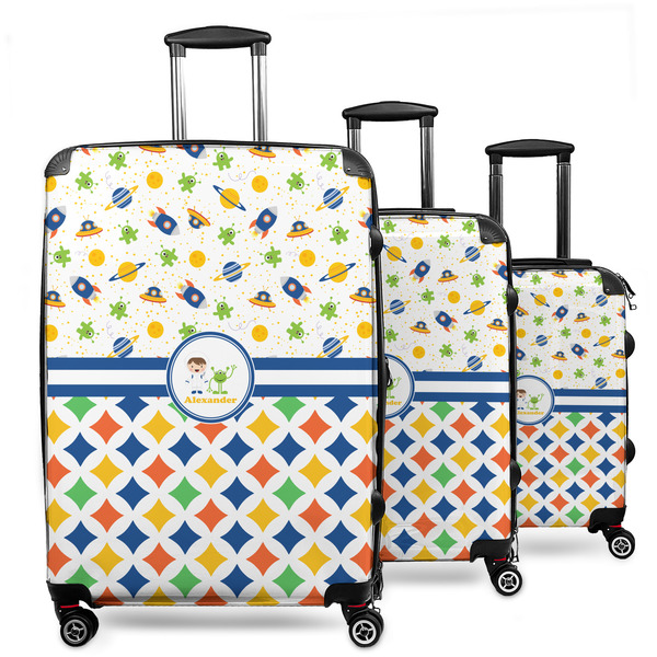 Custom Boy's Space & Geometric Print 3 Piece Luggage Set - 20" Carry On, 24" Medium Checked, 28" Large Checked (Personalized)