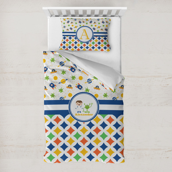 Custom Boy's Space & Geometric Print Toddler Bedding Set - With Pillowcase (Personalized)