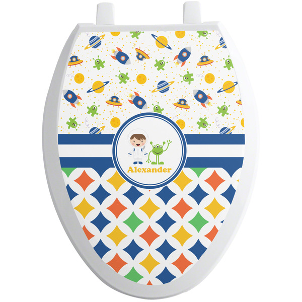 Custom Boy's Space & Geometric Print Toilet Seat Decal - Elongated (Personalized)