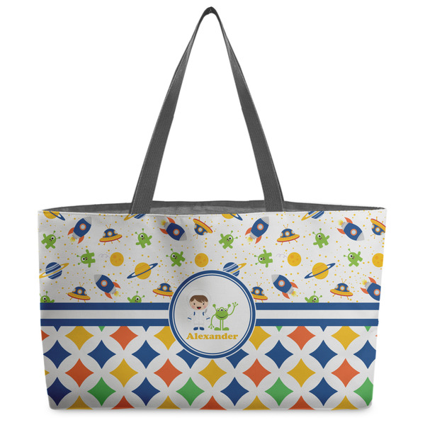 Custom Boy's Space & Geometric Print Beach Totes Bag - w/ Black Handles (Personalized)