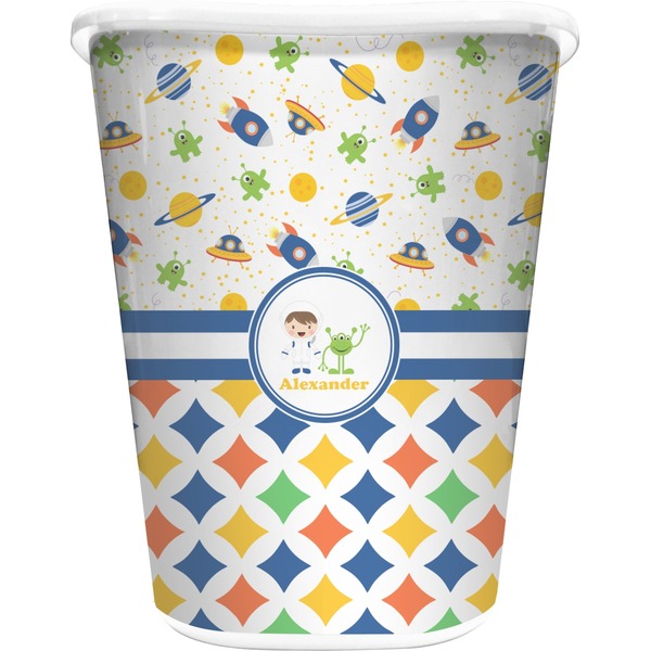 Custom Boy's Space & Geometric Print Waste Basket - Single Sided (White) (Personalized)