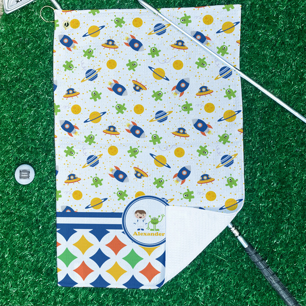 Boy's Space & Geometric Print Waffle Weave Golf Towel - In Context