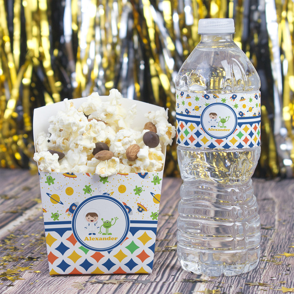 Boy's Space & Geometric Print Water Bottle Label - w/ Favor Box