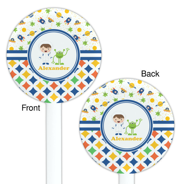 Boy's Space & Geometric Print White Plastic 5.5" Stir Stick - Double Sided - Round - Front & Back