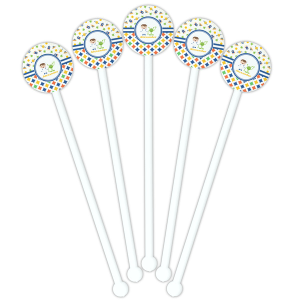 Boy's Space & Geometric Print White Plastic 5.5" Stir Stick - Fan View