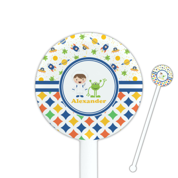 Custom Boy's Space & Geometric Print 5.5" Round Plastic Stir Sticks - White - Single Sided (Personalized)