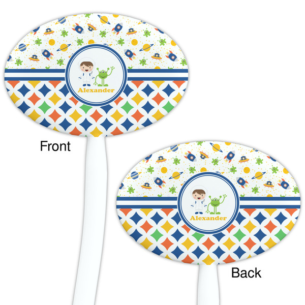 Boy's Space & Geometric Print White Plastic 7" Stir Stick - Double Sided - Oval - Front & Back