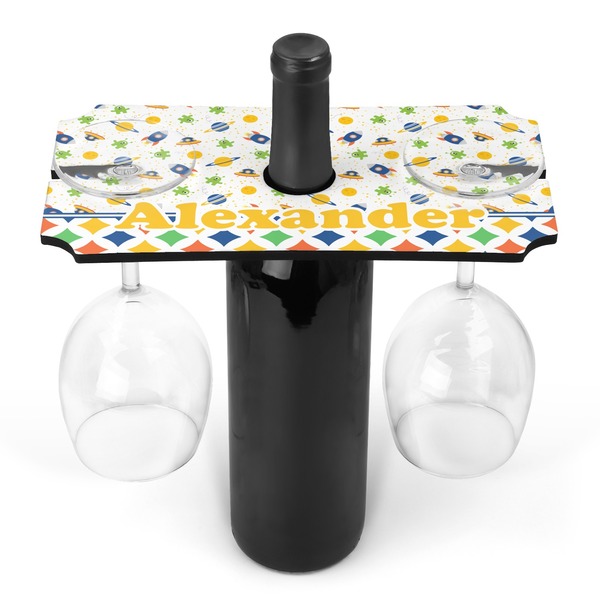 Custom Boy's Space & Geometric Print Wine Bottle & Glass Holder (Personalized)