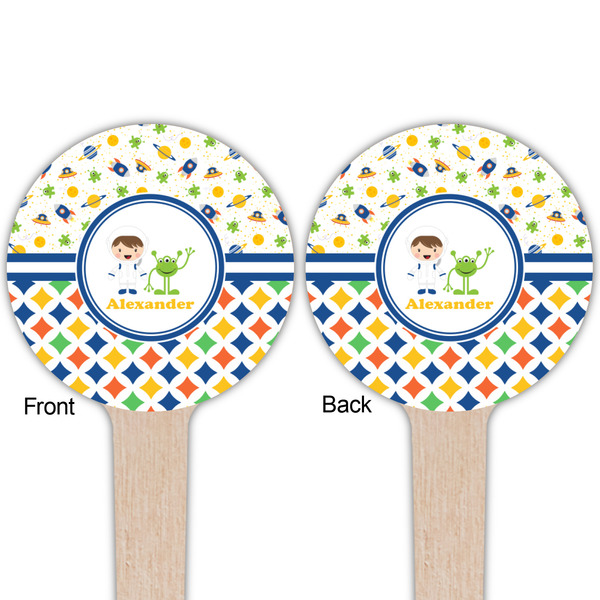 Boy's Space & Geometric Print Wooden 4" Food Pick - Round - Double Sided - Front & Back
