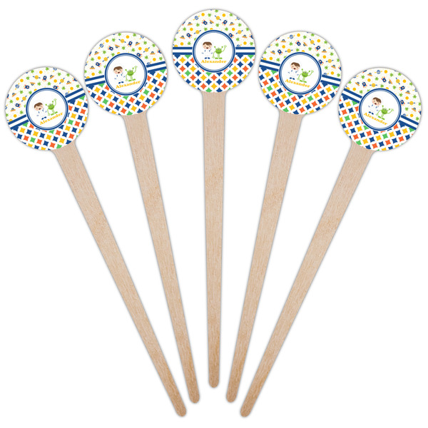 Boy's Space & Geometric Print Wooden 4" Food Pick - Round - Fan View