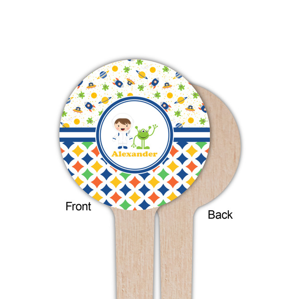 Boy's Space & Geometric Print Wooden 4" Food Pick - Round - Single Sided - Front & Back