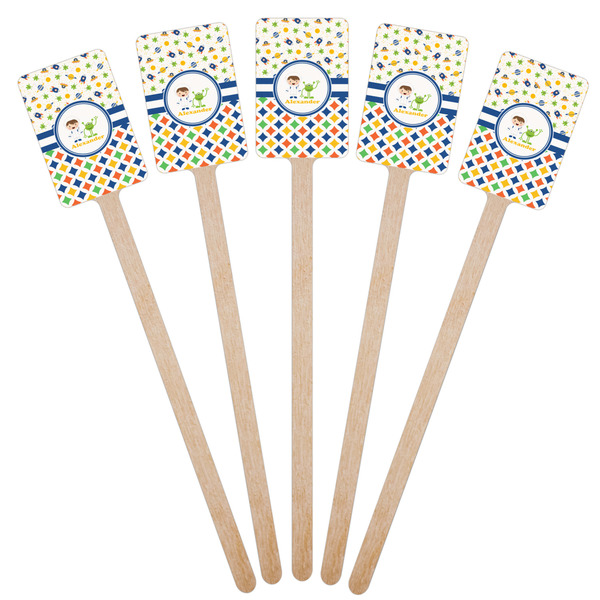 Boy's Space & Geometric Print Wooden 6.25" Stir Stick - Rectangular - Fan View