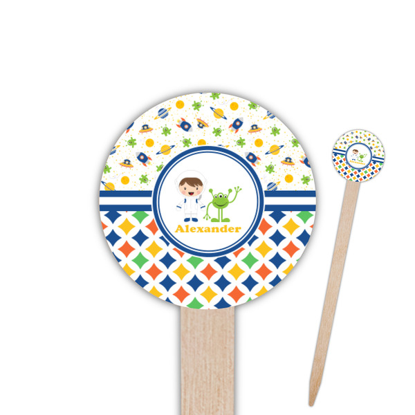 Custom Boy's Space & Geometric Print 6" Round Wooden Food Picks - Double Sided (Personalized)