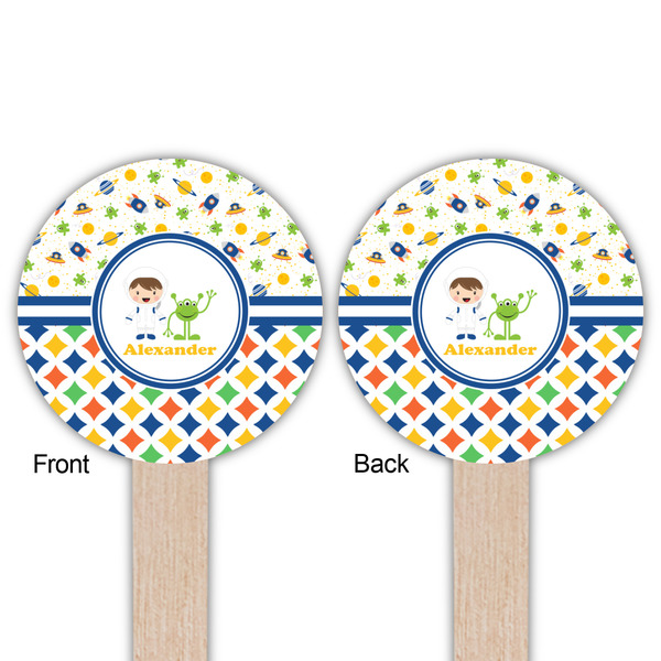 Boy's Space & Geometric Print Wooden 6" Food Pick - Round - Double Sided - Front & Back