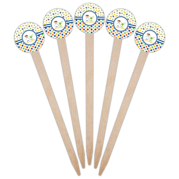 Boy's Space & Geometric Print Wooden 6" Food Pick - Round - Fan View