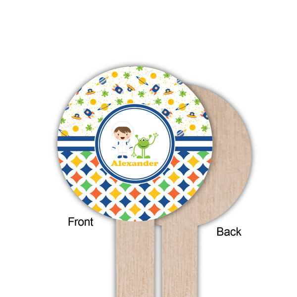 Boy's Space & Geometric Print Wooden 6" Food Pick - Round - Single Sided - Front & Back