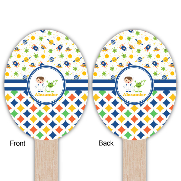 Boy's Space & Geometric Print Wooden Food Pick - Oval - Double Sided - Front & Back