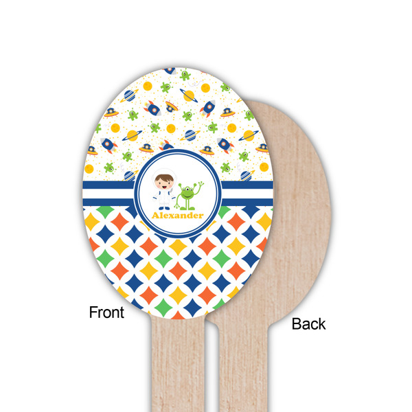 Boy's Space & Geometric Print Wooden Food Pick - Oval - Single Sided - Front & Back