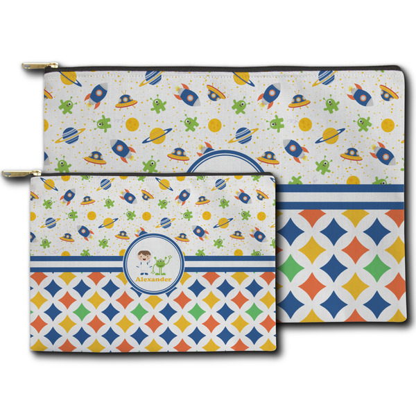 Boy's Space & Geometric Print Zippered Pouches - Size Comparison