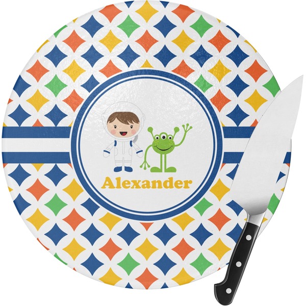 Custom Boy's Astronaut Round Glass Cutting Board - Small (Personalized)