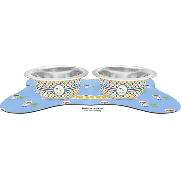 Boy's Astronaut Metal Pet Bowls - On Dog Bone Shaped Mat
