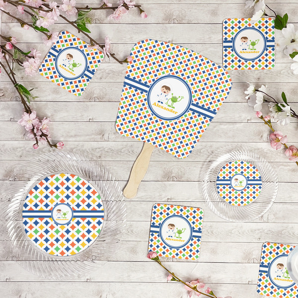 Boy's Astronaut Party Supplies Combination Image - All items - Plates, Coasters, Fans