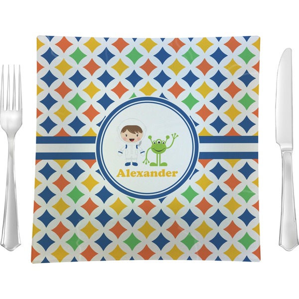 Custom Boy's Astronaut 9.5" Glass Square Lunch / Dinner Plate- Single or Set of 4 (Personalized)