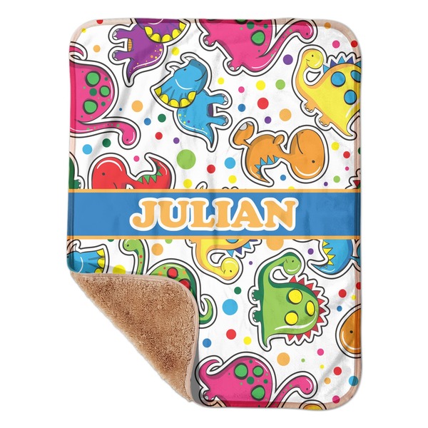 Custom Dinosaur Print Sherpa Baby Blanket - 30" x 40" w/ Name or Text