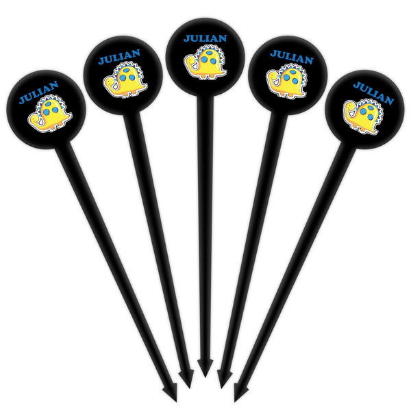 Dinosaur Print Black Plastic 4" Food Pick - Round - Fan View