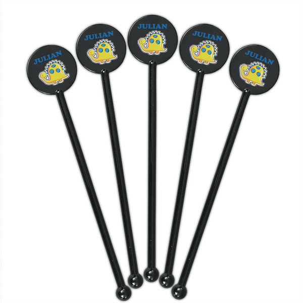 Dinosaur Print Black Plastic 5.5" Stir Stick - Round - Fan View