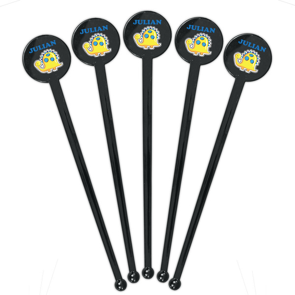 Dinosaur Print Black Plastic 7" Stir Stick - Round - Fan View