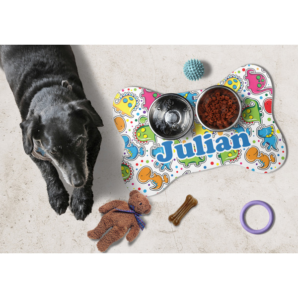 Dinosaur Print Bone Shaped Mat w/ Food & Water