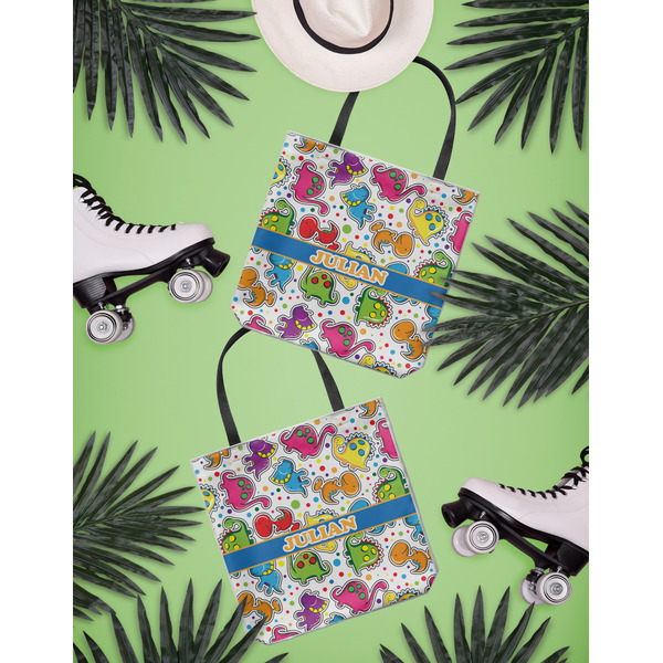 Dinosaur Print Canvas Tote Lifestyle Front and Back- 13x13