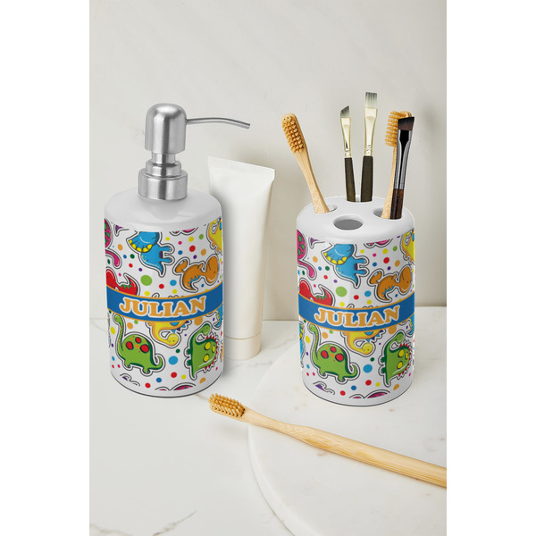Dinosaur Print Ceramic Bathroom Accessories - LIFESTYLE (toothbrush holder & soap dispenser)