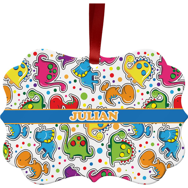 Custom Dinosaur Print Metal Frame Ornament - Double Sided w/ Name or Text