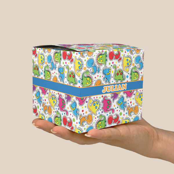Dinosaur Print Cube Favor Gift Box - On Hand - Scale View