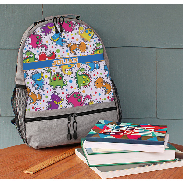 Dinosaur Print Large Backpack - Gray - On Desk