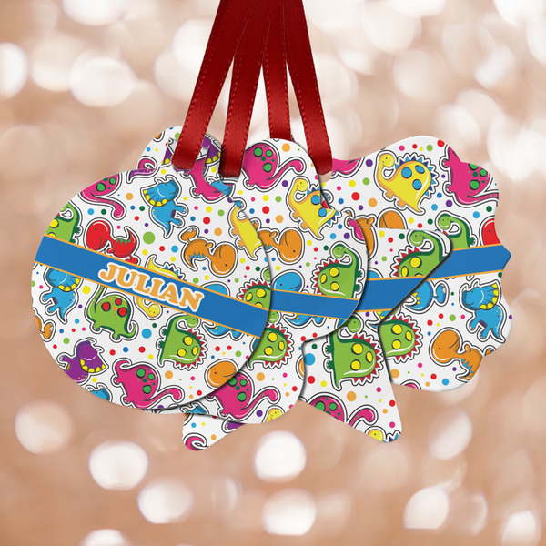 Custom Dinosaur Print Metal Ornaments - Double Sided w/ Name or Text