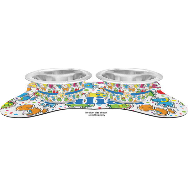 Dinosaur Print Metal Pet Bowls - On Dog Bone Shaped Mat