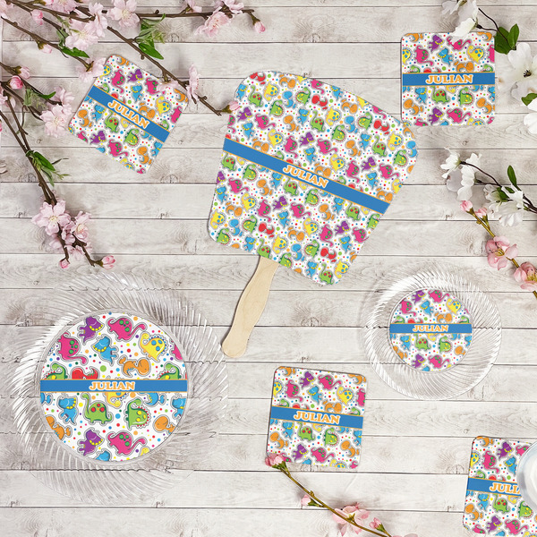 Dinosaur Print Party Supplies Combination Image - All items - Plates, Coasters, Fans