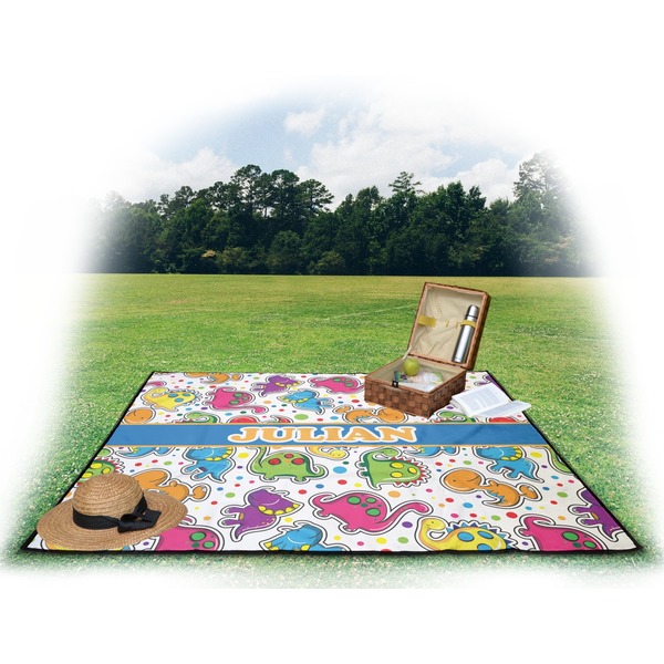 Dinosaur Print Picnic Blanket - with Basket Hat and Book - in Use