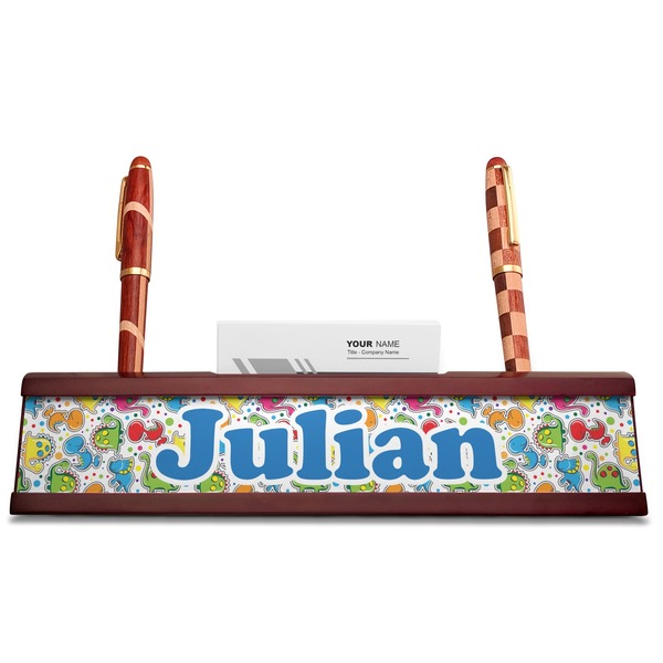 Dinosaur Print Red Mahogany Nameplates with Business Card Holder - Straight