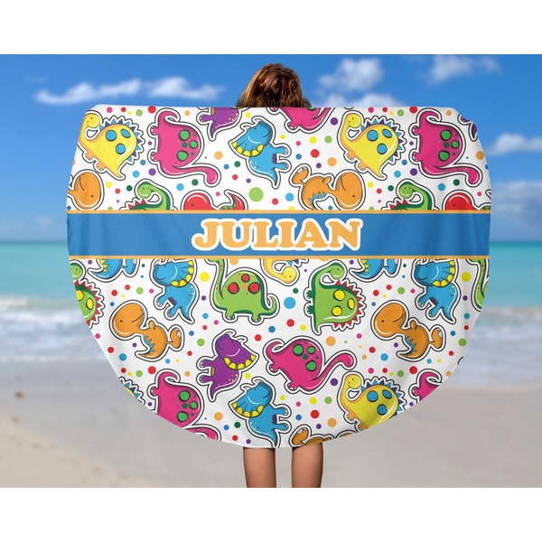 Dinosaur Print Round Beach Towel - In Use