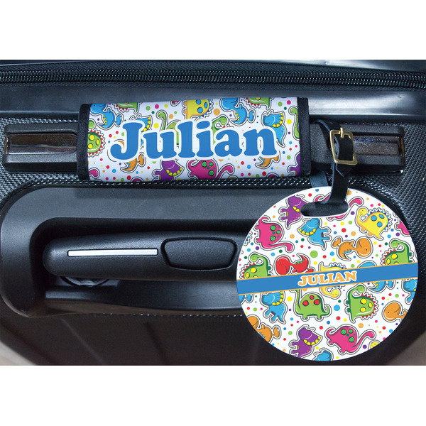 Dinosaur Print Round Luggage Tag & Handle Wrap - In Context