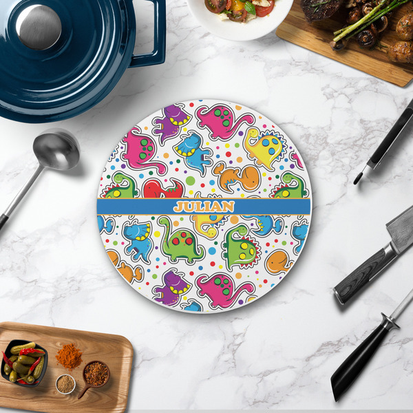 Dinosaur Print Round Stone Trivet - In Context View